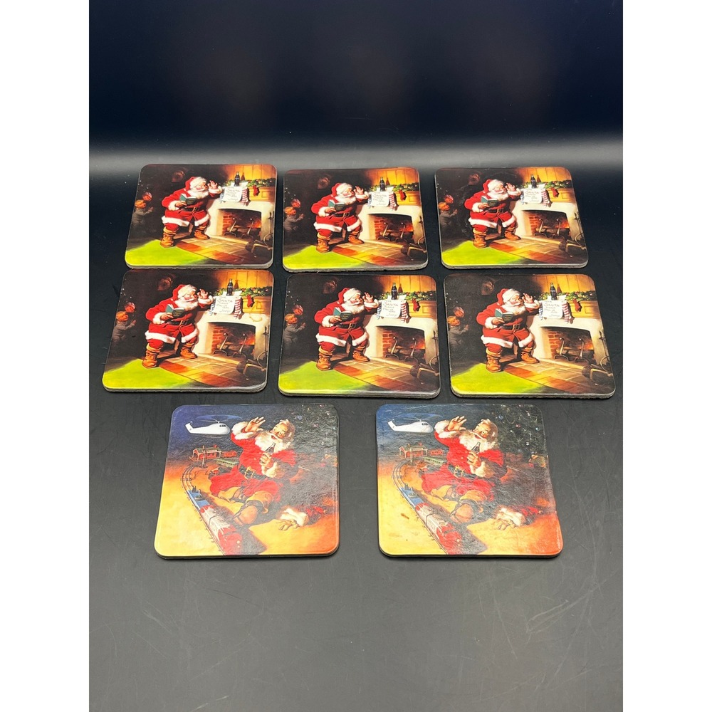 Vintage Christmas Santa Claus Cork Backed Coasters Set of 8 Holiday Decor